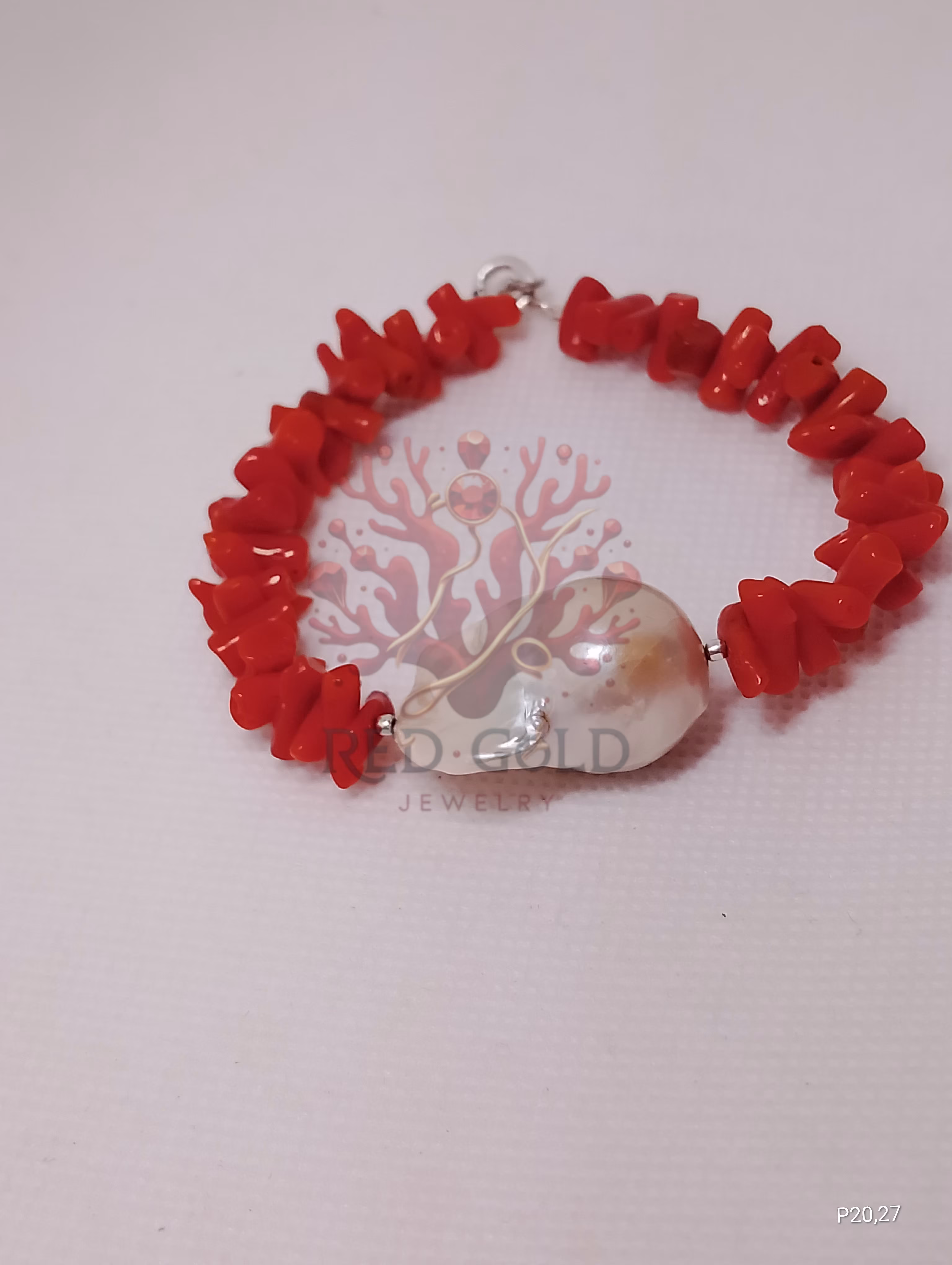 Bracelet en Corail Rouge Naturel & Perle Baroque - miniature 2