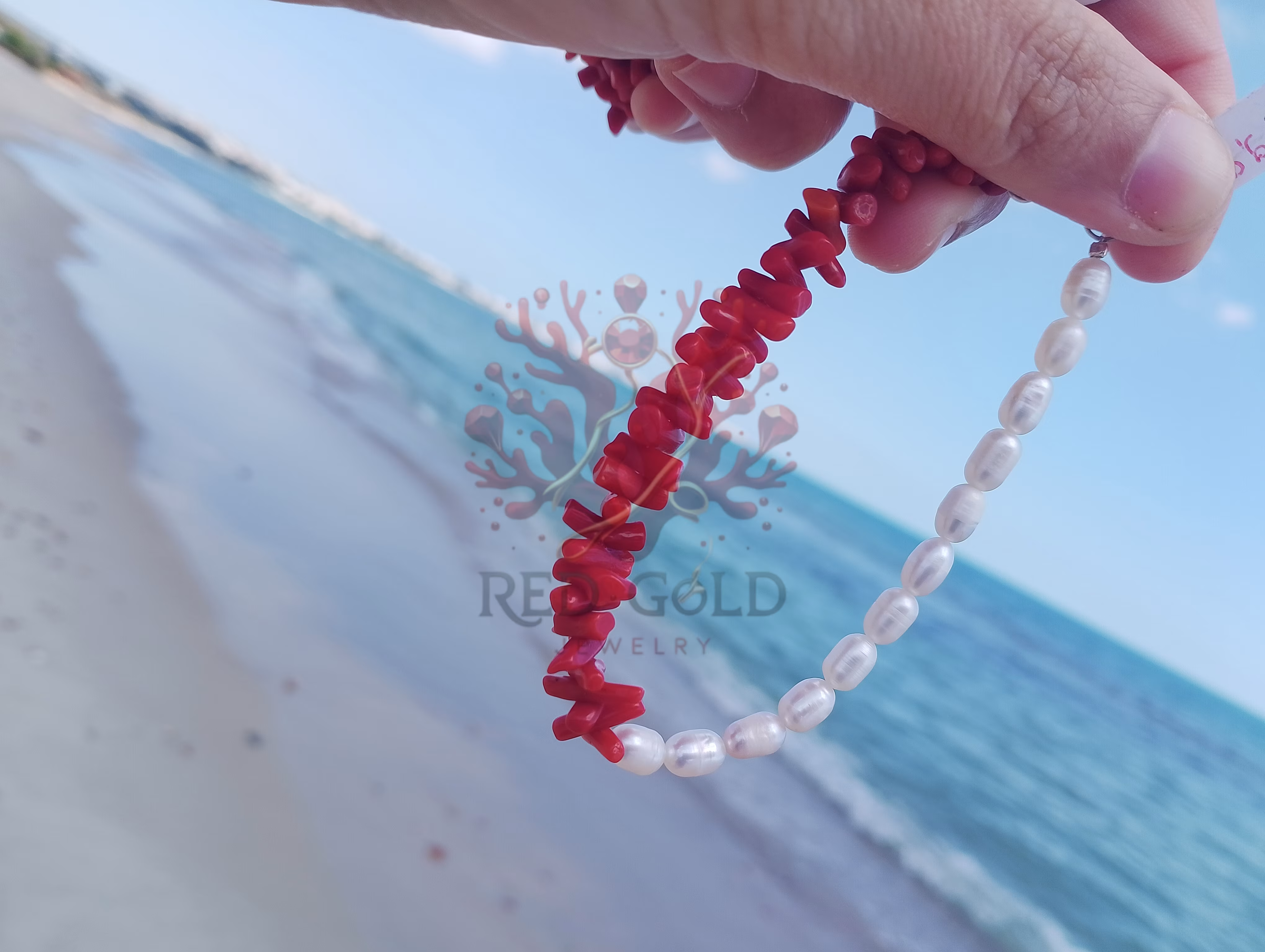Bracelet de luxe en corail naturel et perle – élégance nautique raffinée B-33 - miniature 4