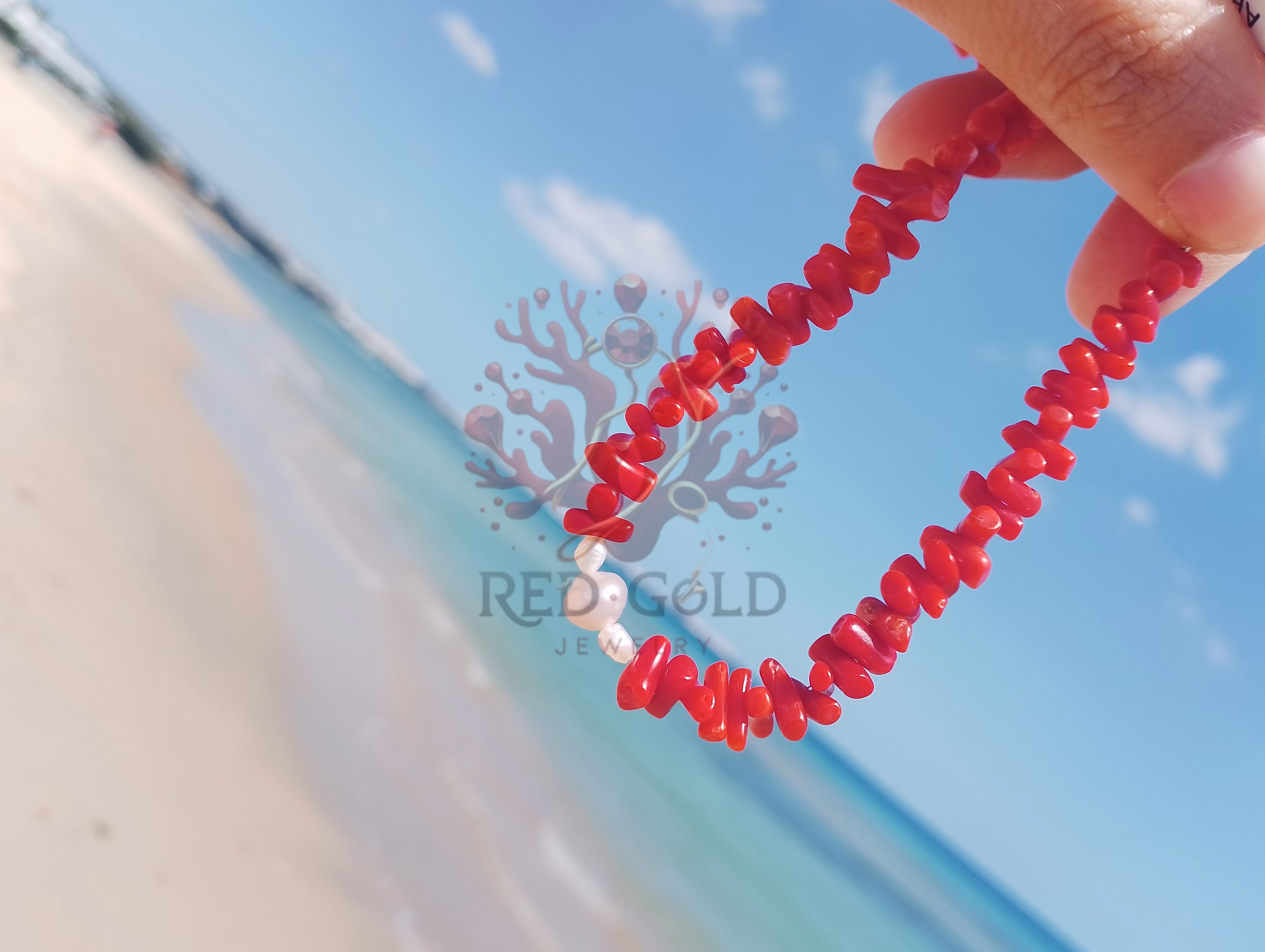 Bracelet en corail rouge et perles d'eau douce naturelles B-32 - miniature 3