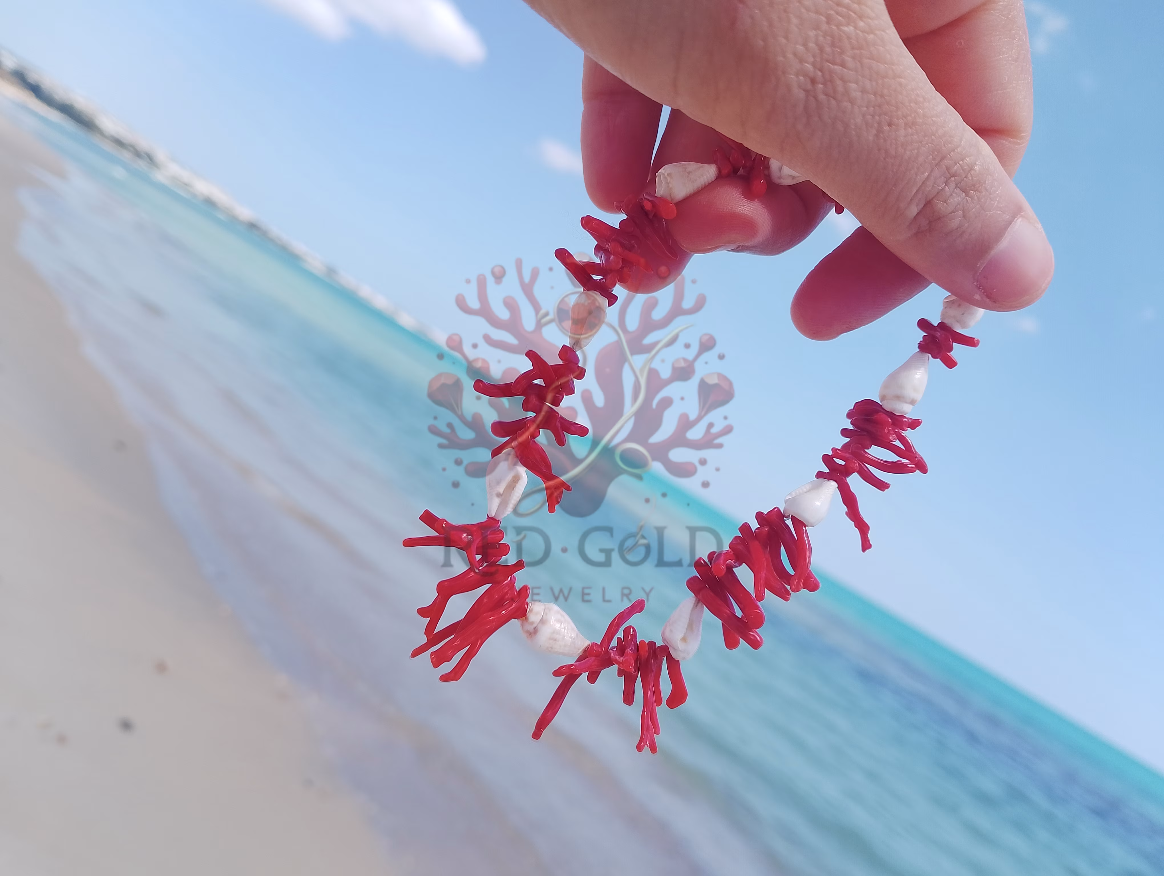Bracelet de cheville en corail et coquillage – Esprit de la mer B-26 - miniature 5