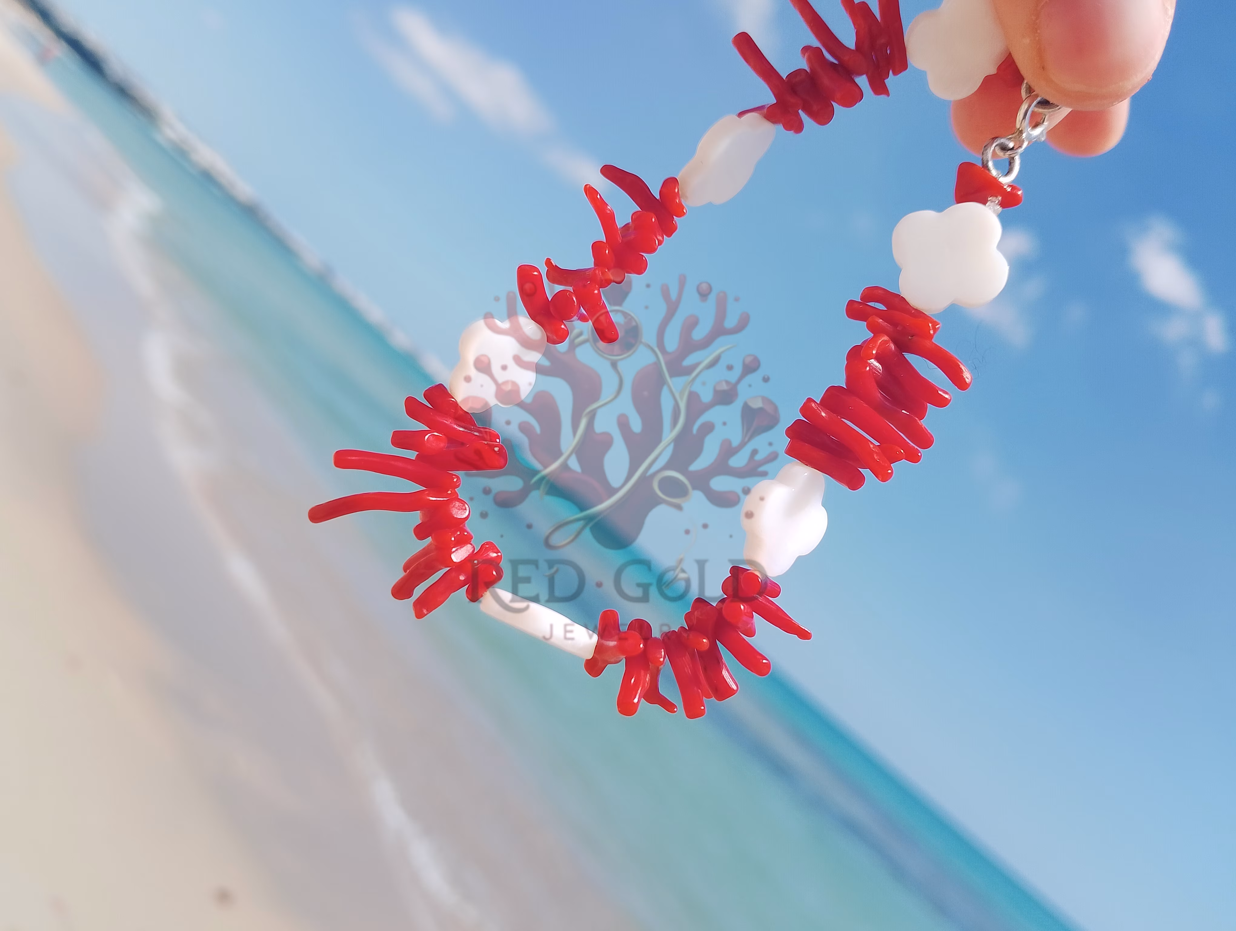 Bracelet de cheville en corail et coquillage B-25 - miniature 5